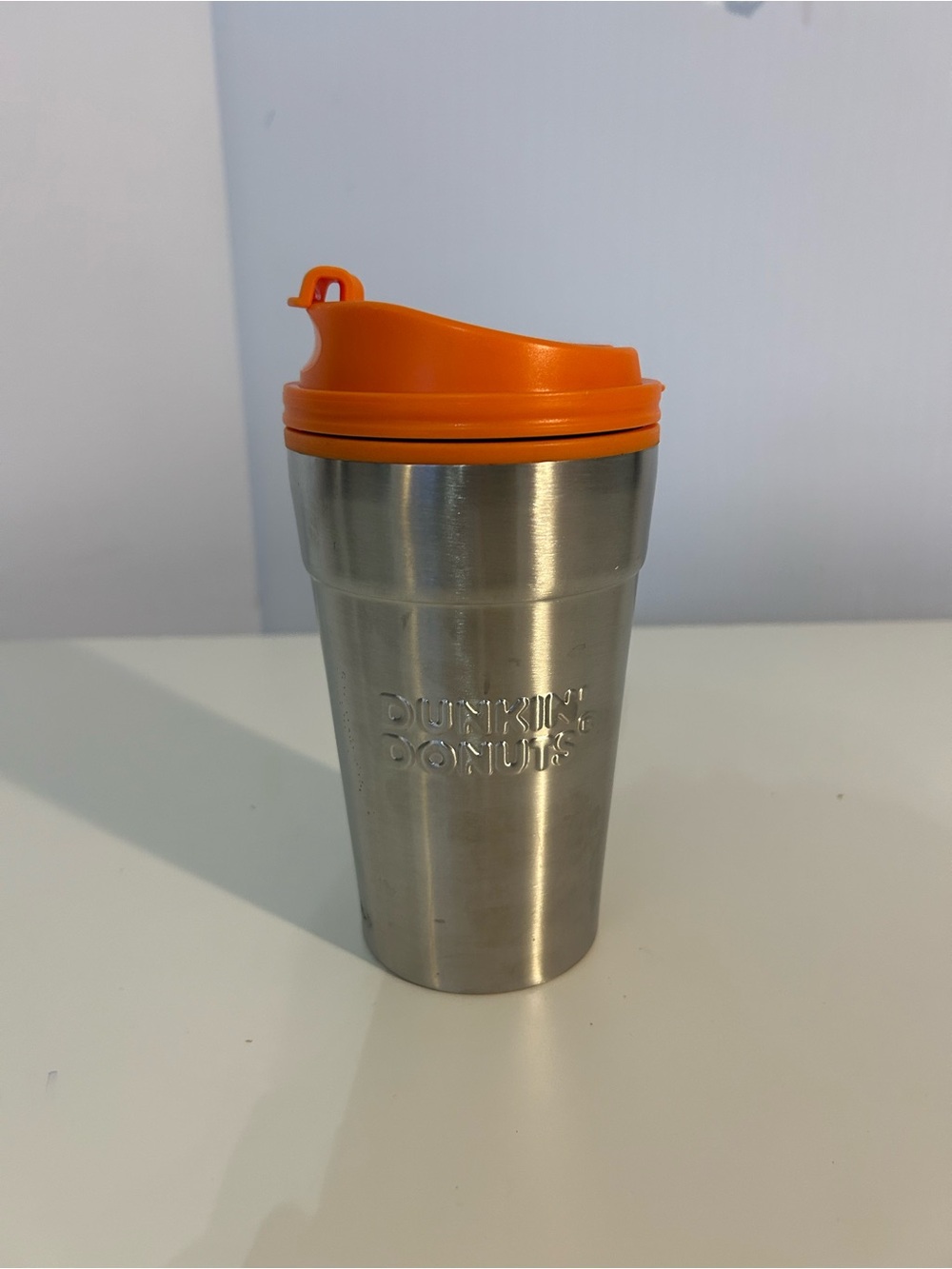 Dunkin Dounts- vintage Stainless Steel Travel Mug with Orange Lid